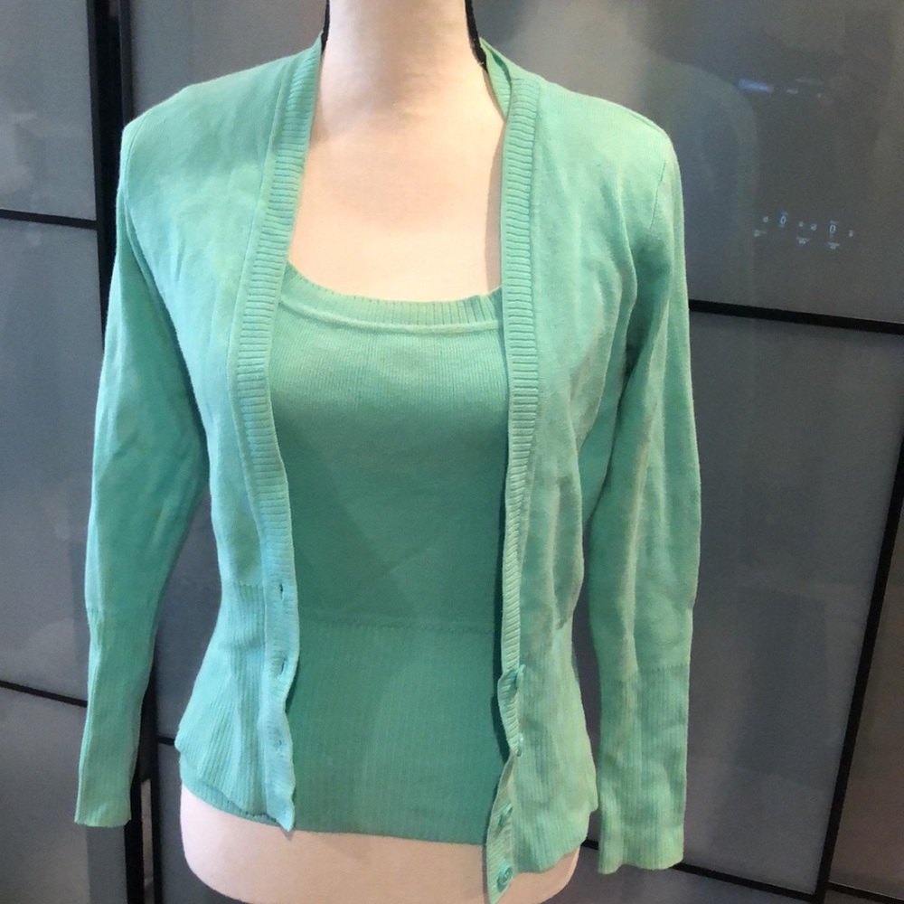 Caroll Reed Scoop neck teal sweater tank and Cardigan sz s